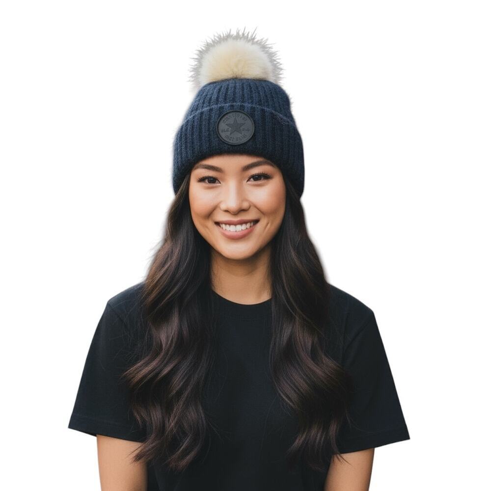 Converse Women’s Knit Pom Beanie Hat Navy with Faux Fur Top | Cozy Winter Cap